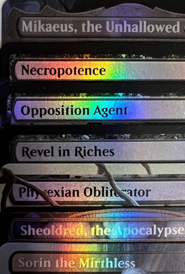 Mikaeus, the Unhallowed Necropotence Opposition Agent Phyrexian Obliterator Revel in Riches Sheoldred, the Apocalypse Sorin the Mirthless