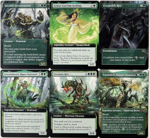 Ancient Greenwarden Azusa, Lost but Seeking Cryptolith Rite Greensleeves, Maro-Sorcerer Tyrranax Rex Zopandrel, Hunger Dominus